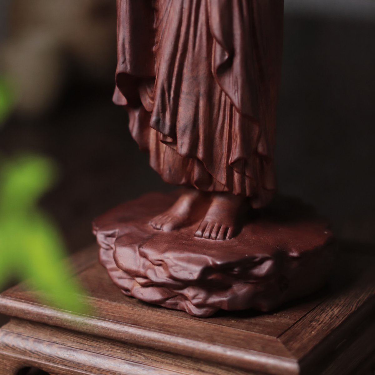 Standing Praying Buddha on Rock in Padauk Wood