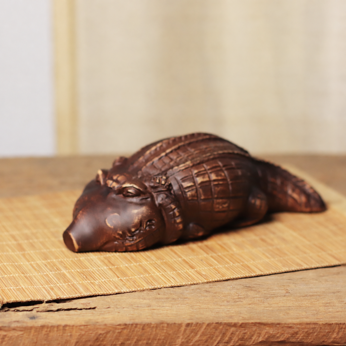 Rounded Crocodile Figurine in Khaya Wood