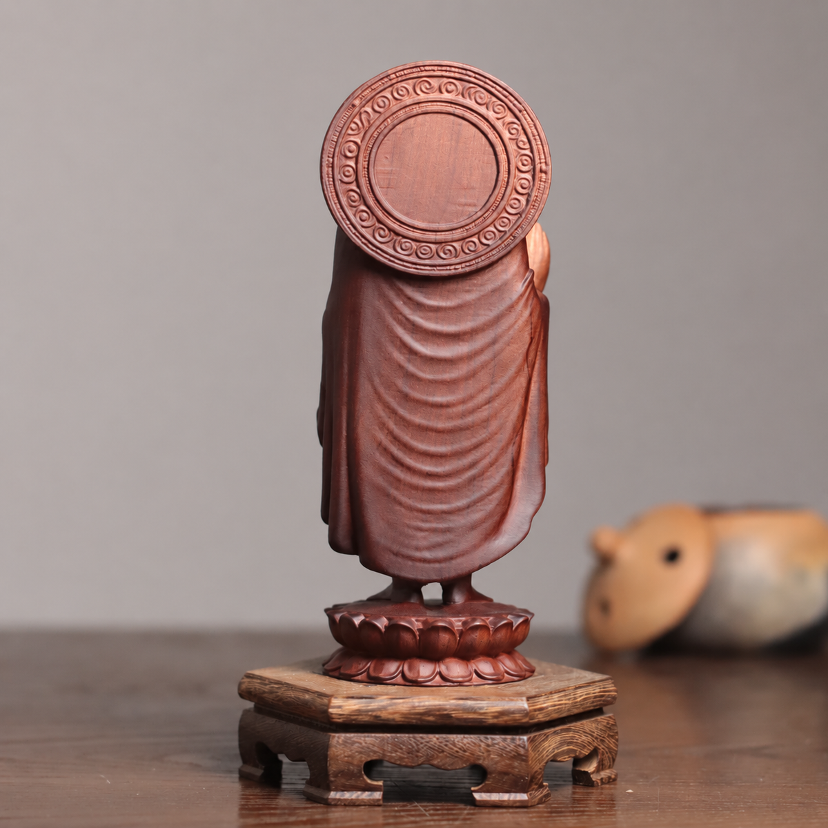 Standing Buddha with Halo in Padauk Wood β Product photo 5