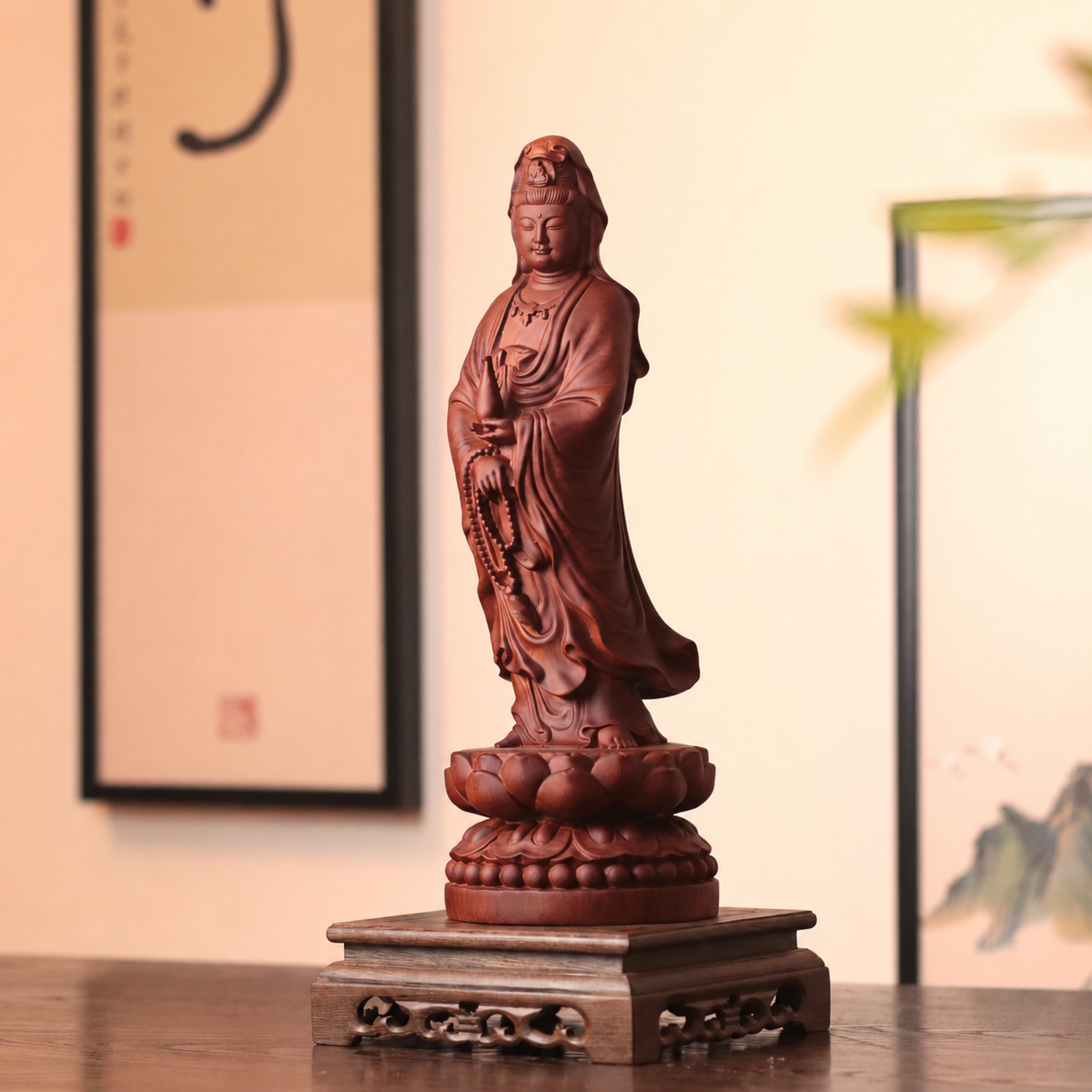 Standing Guanyin with Vase & Beads in Huali Wood