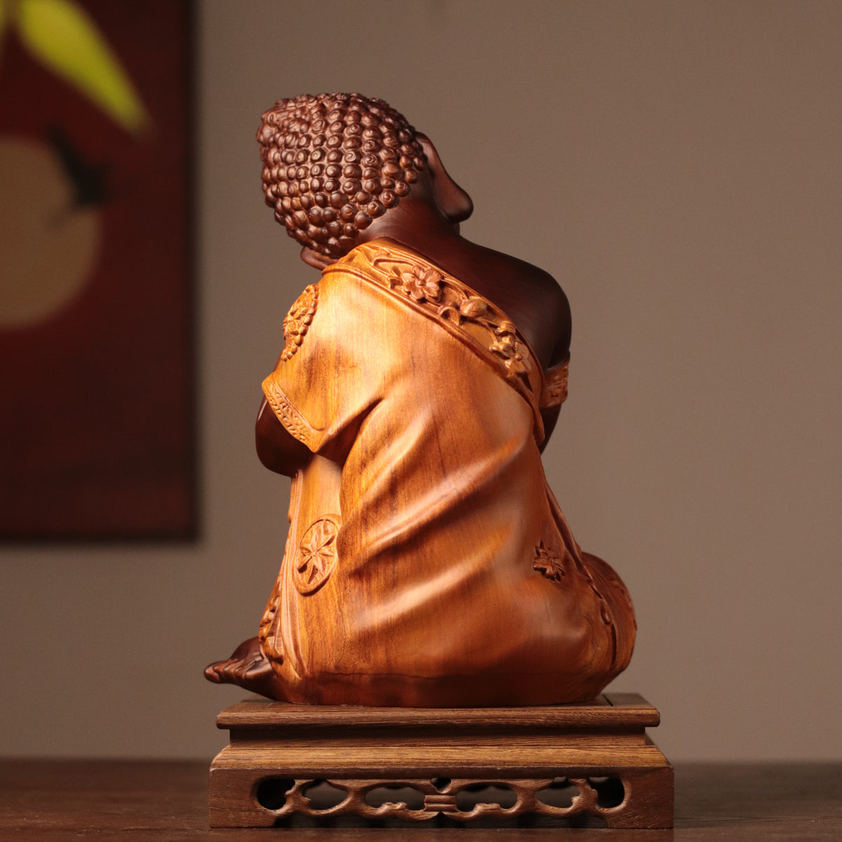 Resting Buddha Statue in Padauk Wood, 11.8 in