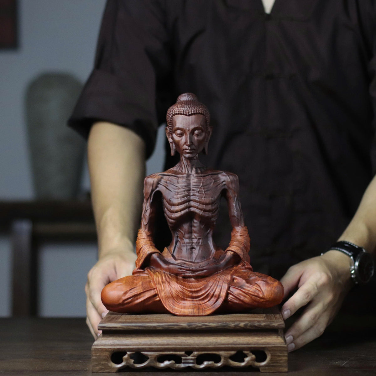 Detailed Fasting Buddha Statue in Padauk Wood