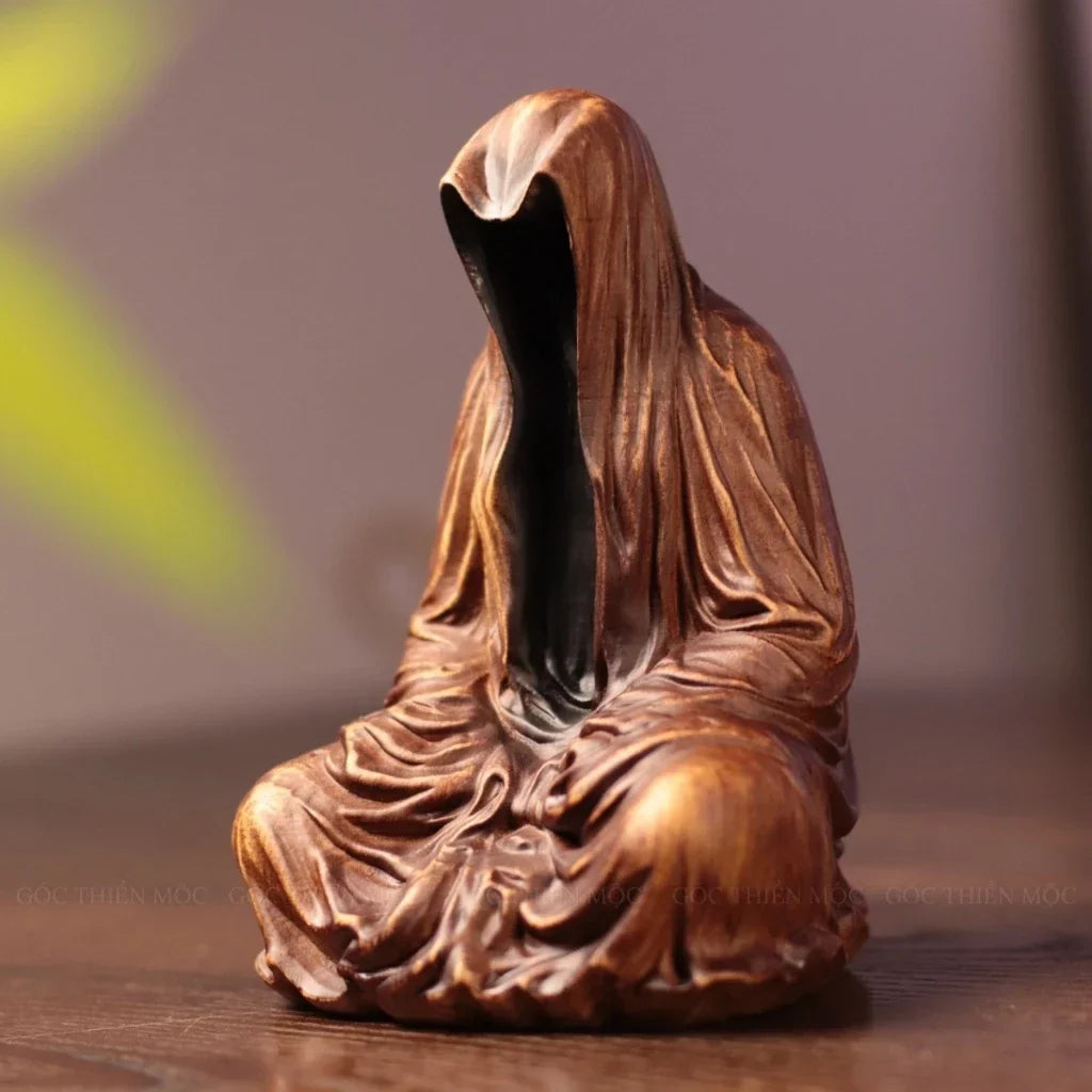 Faceless Meditating Monk Sculpture in Padauk Wood
