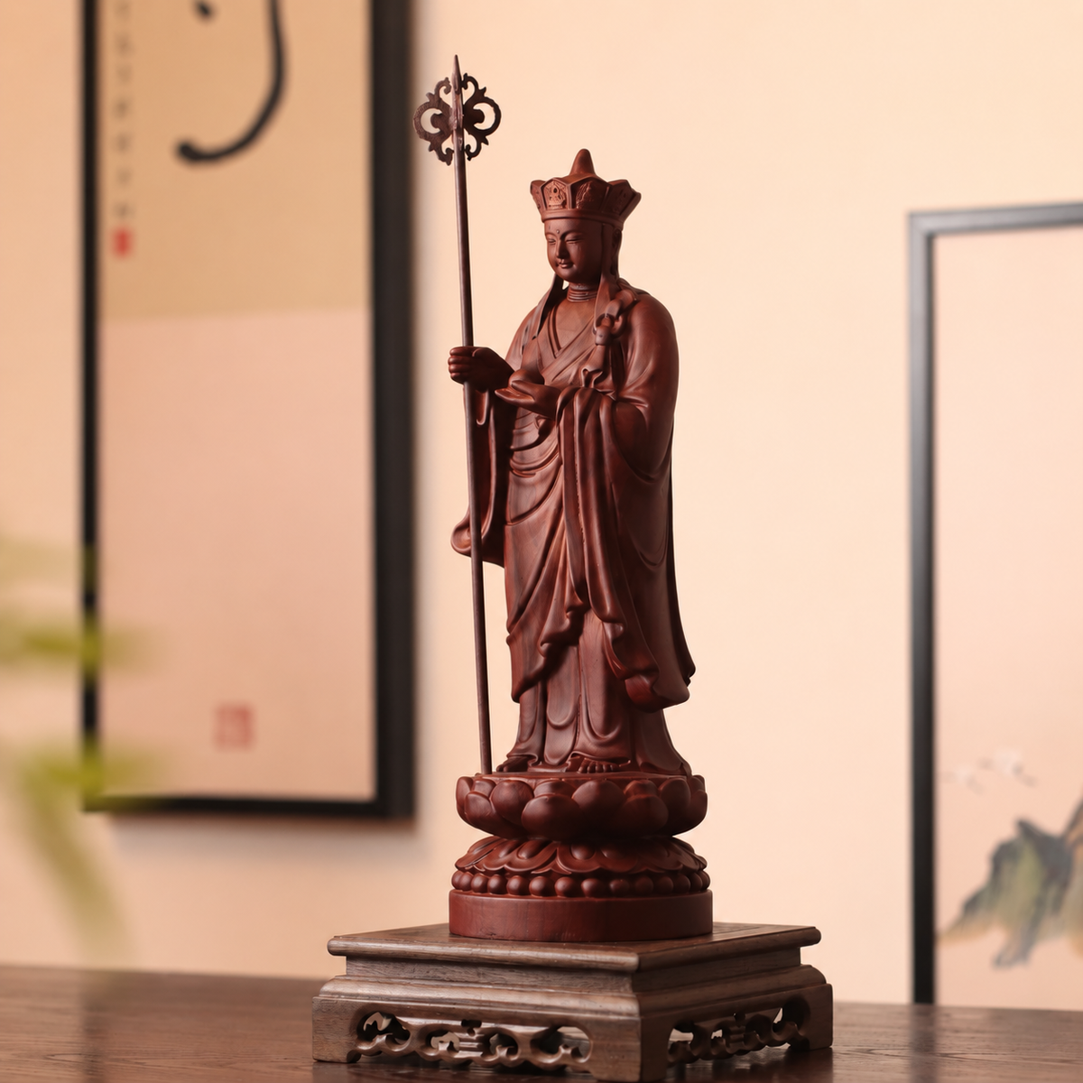 Standing Kshitigarbha Statue in Padauk Wood