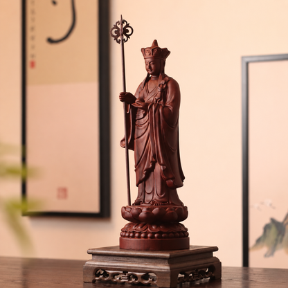 Standing Kshitigarbha Statue in Padauk Wood