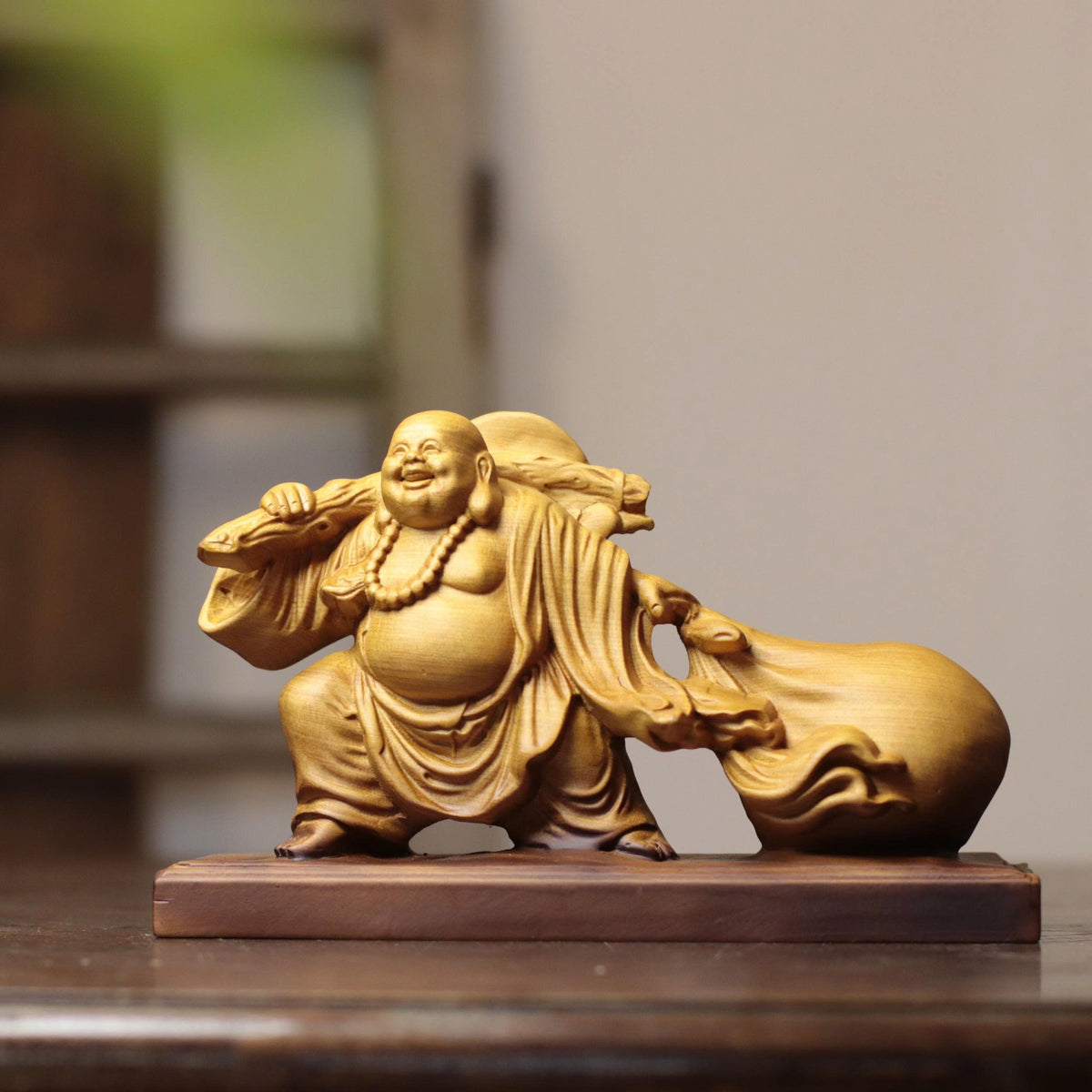 Laughing Buddha with Traveling Sack in Cypress Wood