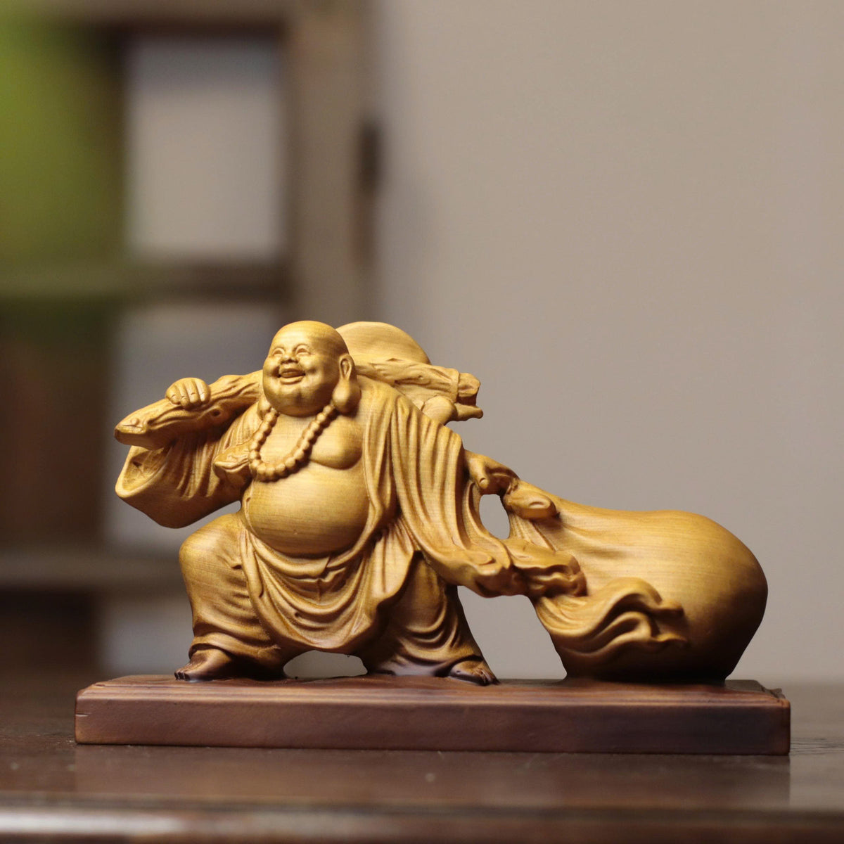 Laughing Buddha with Traveling Sack in Cypress Wood