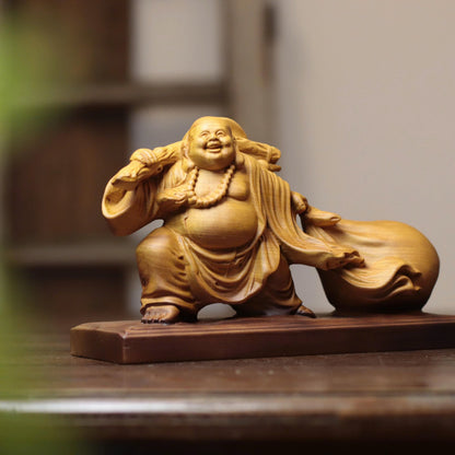 Laughing Buddha with Traveling Sack in Cypress Wood