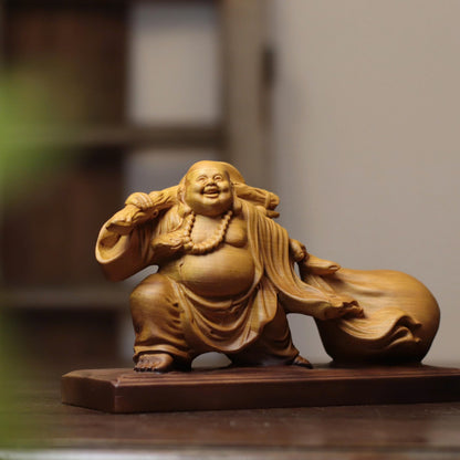 Laughing Buddha with Traveling Sack in Cypress Wood
