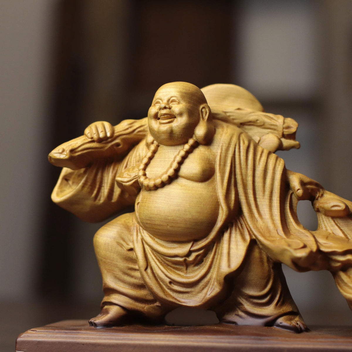 Laughing Buddha with Traveling Sack in Cypress Wood