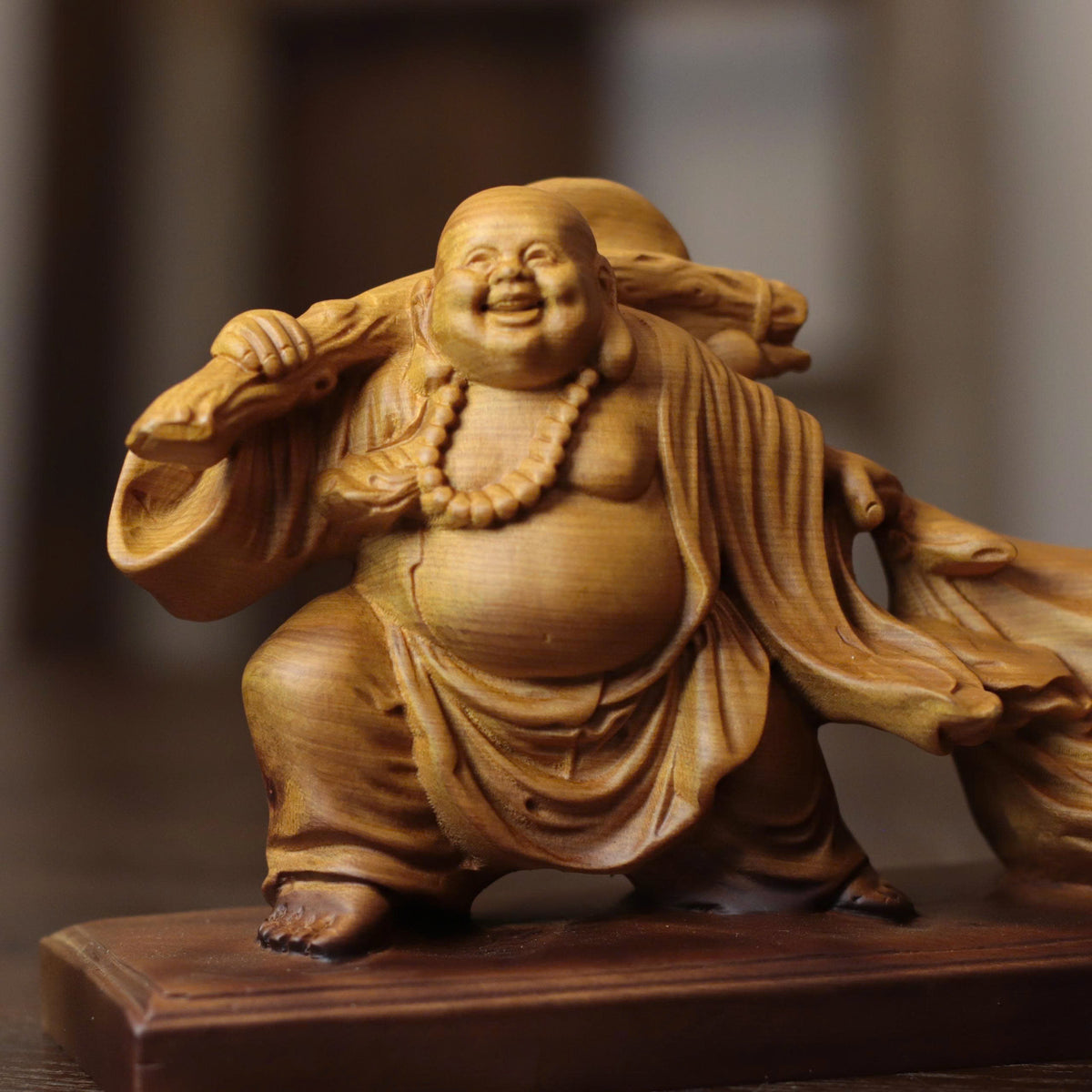 Laughing Buddha with Traveling Sack in Cypress Wood