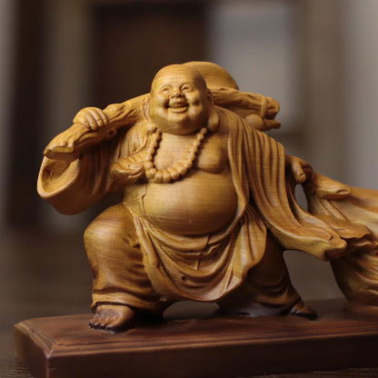 Laughing Buddha with Traveling Sack in Cypress Wood
