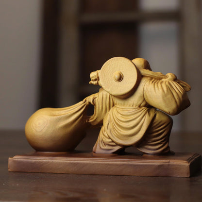 Laughing Buddha with Traveling Sack in Cypress Wood
