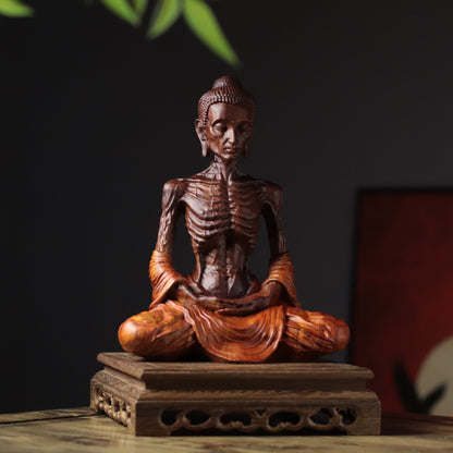 Detailed Fasting Buddha Statue in Padauk Wood
