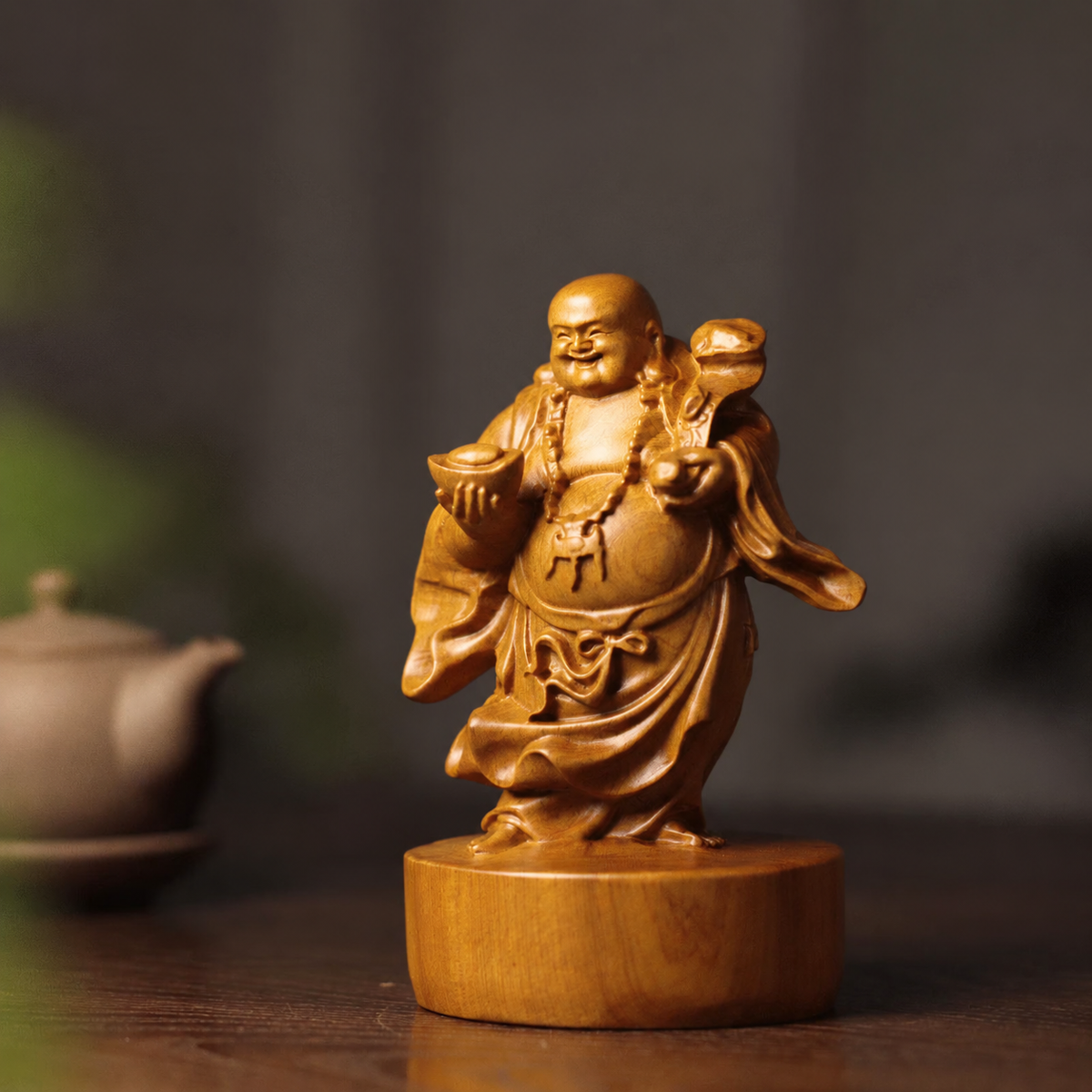 Laughing Buddha with Ruyi & Sack in Pine Wood — Product photo 2