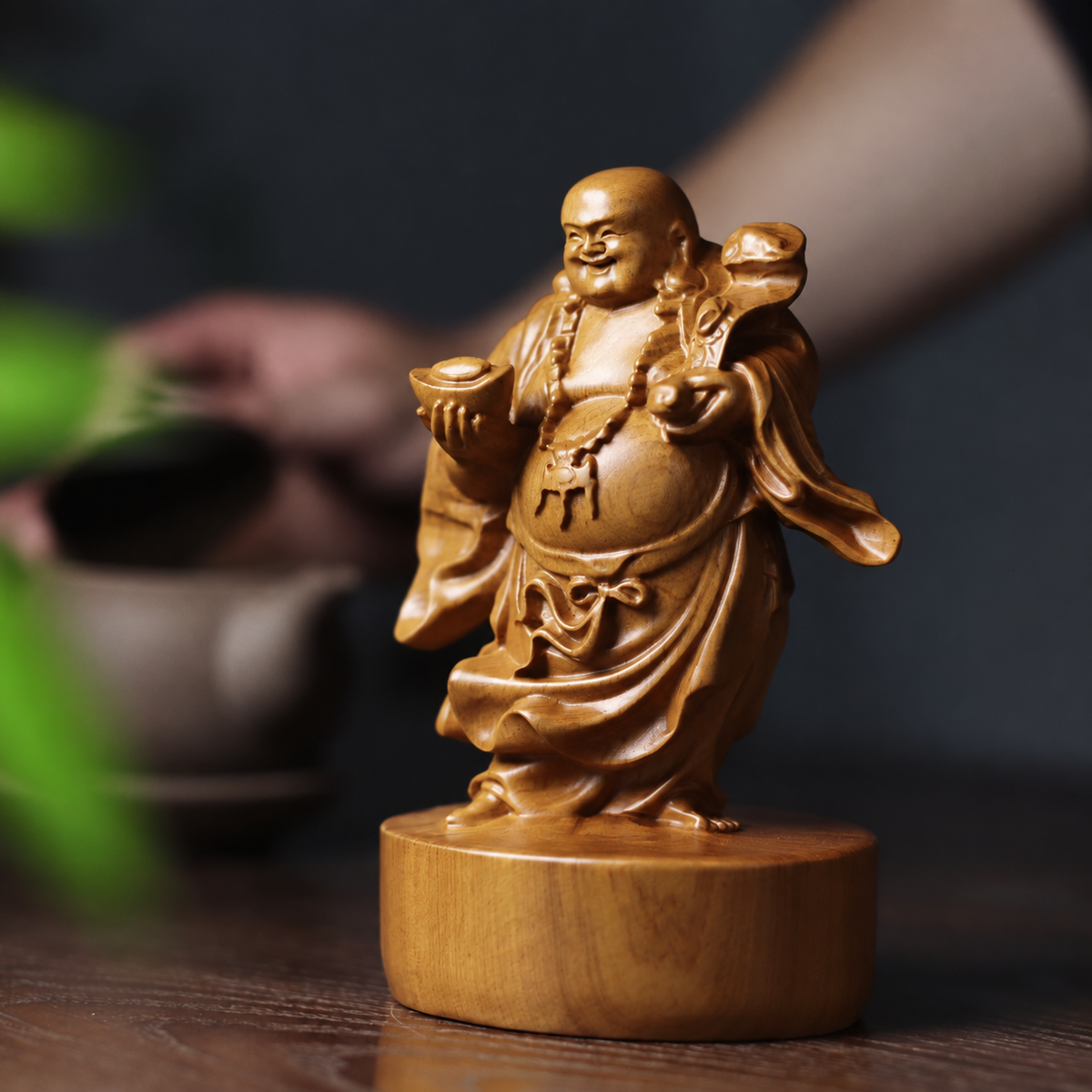 Laughing Buddha with Ruyi & Sack in Pine Wood — Product photo 4