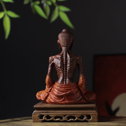 Detailed Fasting Buddha Statue in Padauk Wood