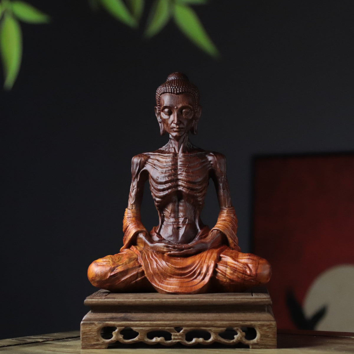 Detailed Fasting Buddha Statue in Padauk Wood