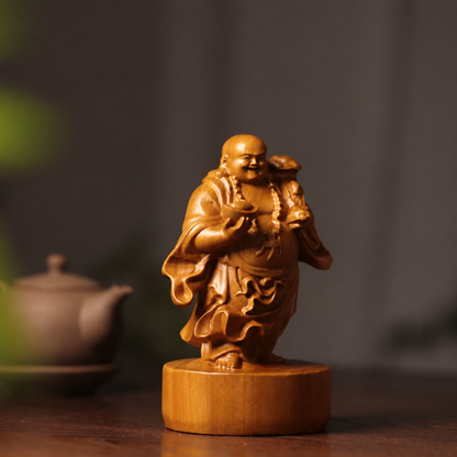 Laughing Buddha with Ruyi & Sack in Pine Wood — Product photo 5