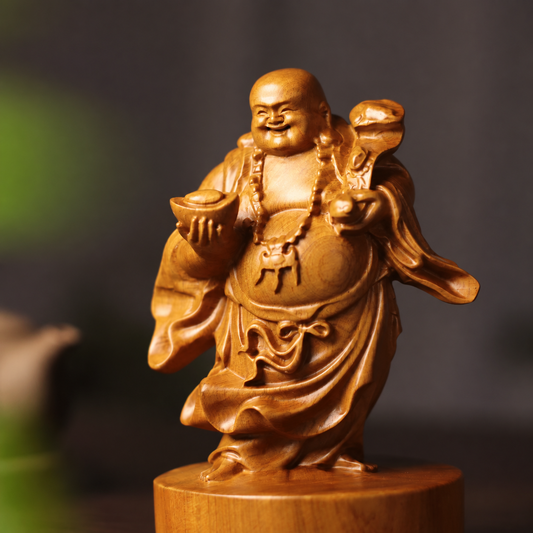 Laughing Buddha with Ruyi & Sack in Pine Wood — Product photo 1