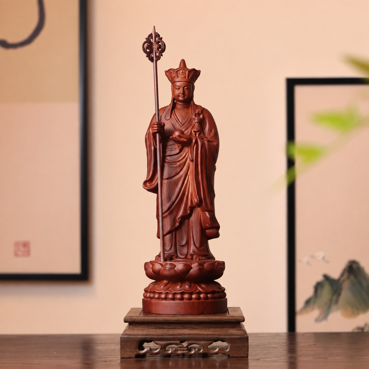 Standing Kshitigarbha Statue in Padauk Wood