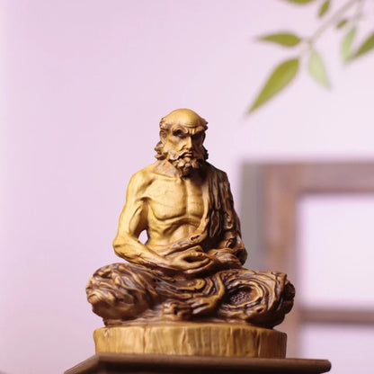 Meditating Bodhidharma Statue in Cypress Wood — Product photo 3