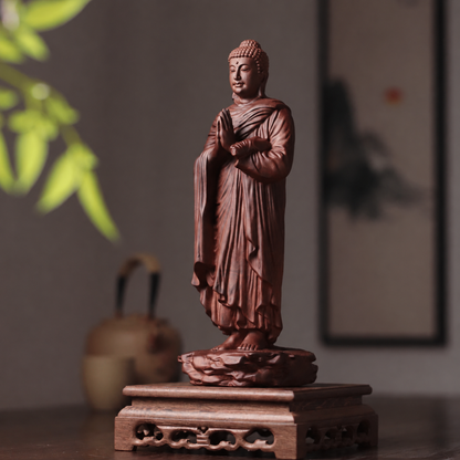 Standing Praying Buddha on Rock in Padauk Wood