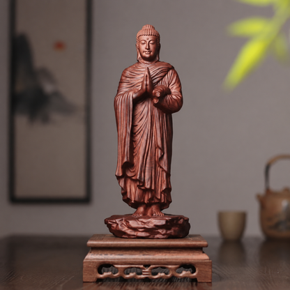 Standing Praying Buddha on Rock in Padauk Wood