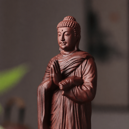 Standing Praying Buddha on Rock in Padauk Wood
