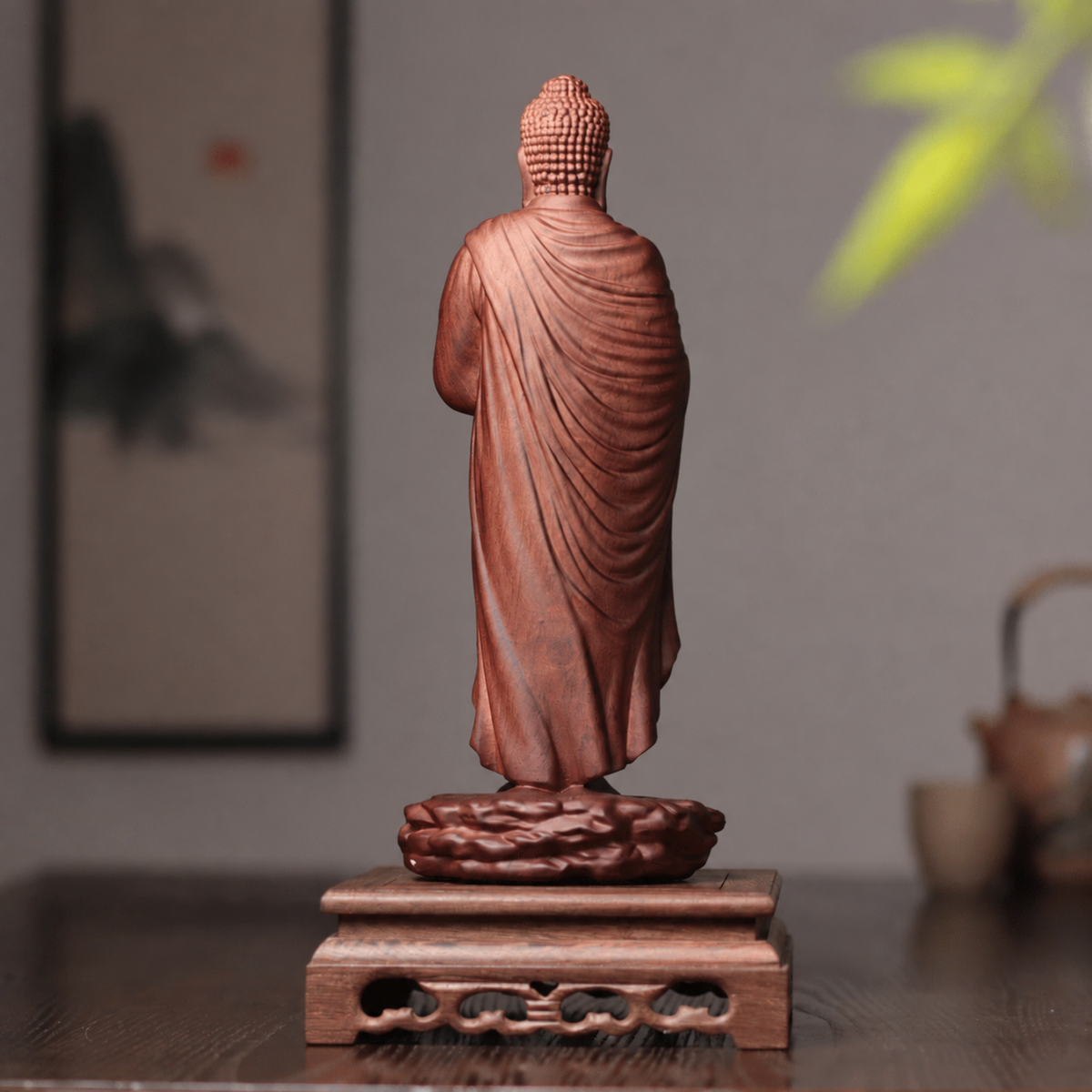 Standing Praying Buddha on Rock in Padauk Wood