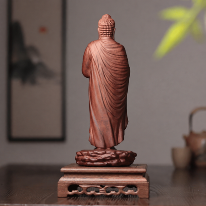Standing Praying Buddha on Rock in Padauk Wood