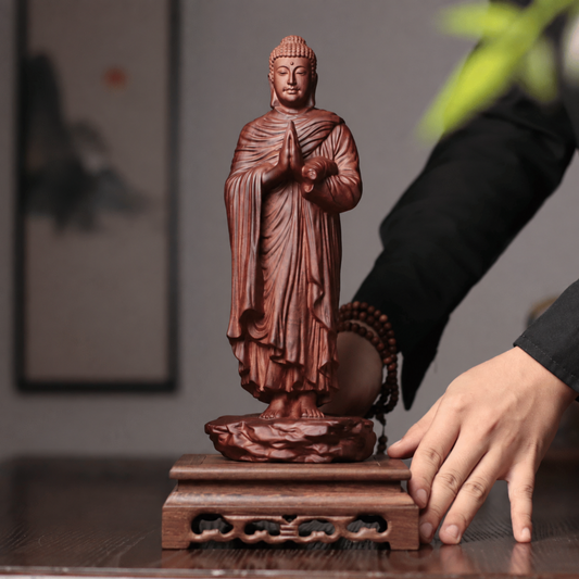 Standing Praying Buddha on Rock in Padauk Wood