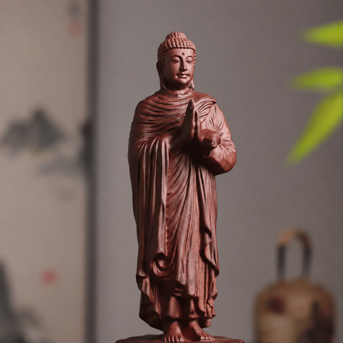 Standing Praying Buddha on Rock in Padauk Wood