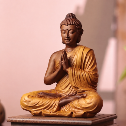 Praying Buddha Statue in Cypress Wood