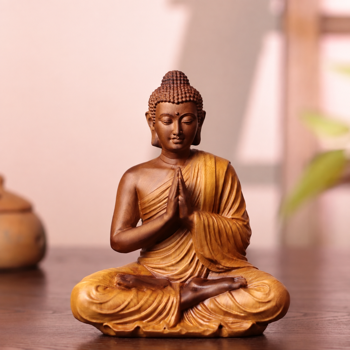 Praying Buddha Statue in Cypress Wood