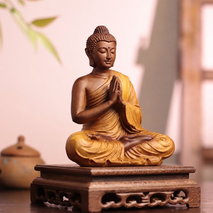 Praying Buddha Statue in Cypress Wood