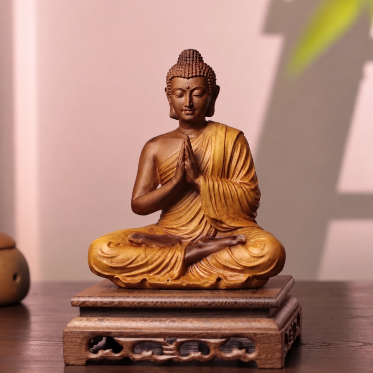 Praying Buddha Statue in Cypress Wood