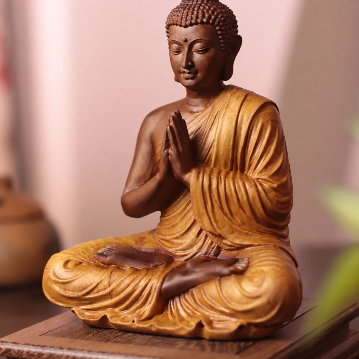 Praying Buddha Statue in Cypress Wood