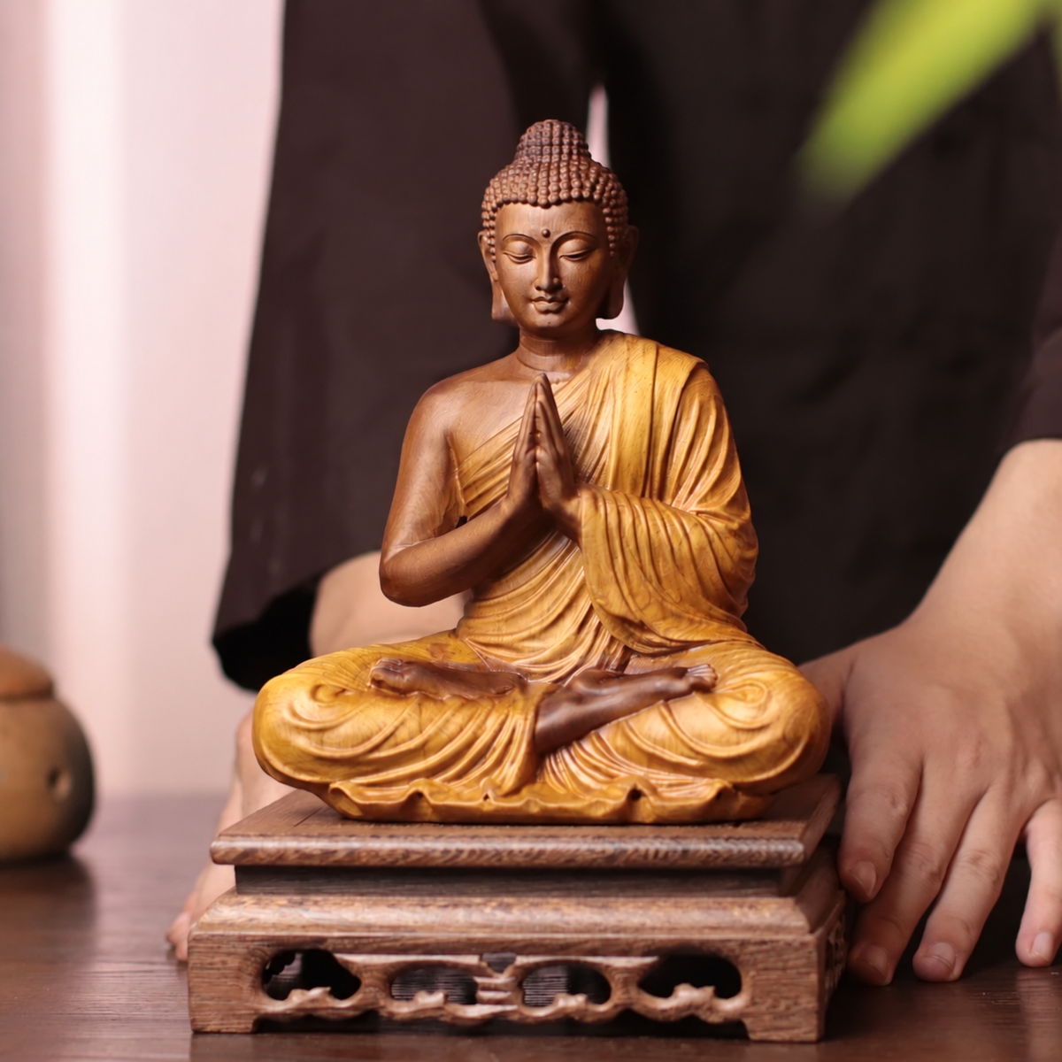 Praying Buddha Statue in Cypress Wood