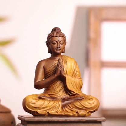 Praying Buddha Statue in Cypress Wood