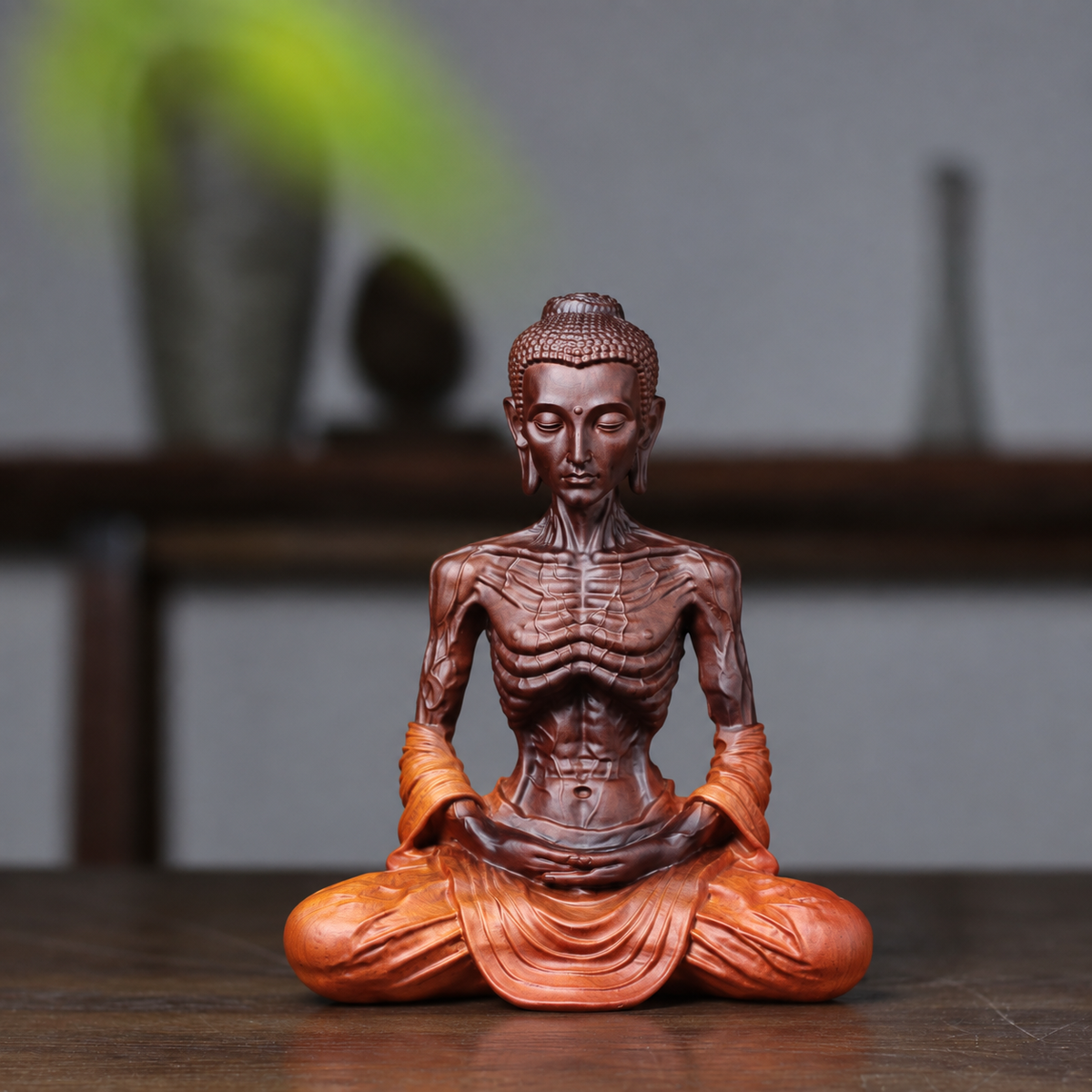 Detailed Fasting Buddha Statue in Padauk Wood