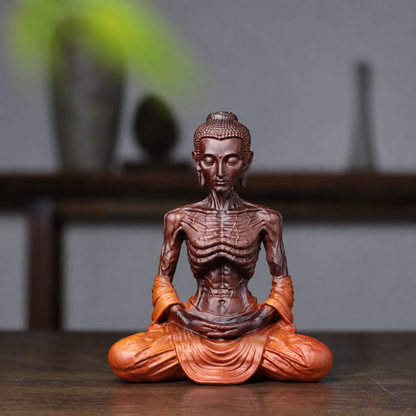 Detailed Fasting Buddha Statue in Padauk Wood
