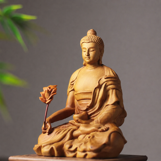 Medicine Buddha with Bowl in Cypress Wood — Product photo 1