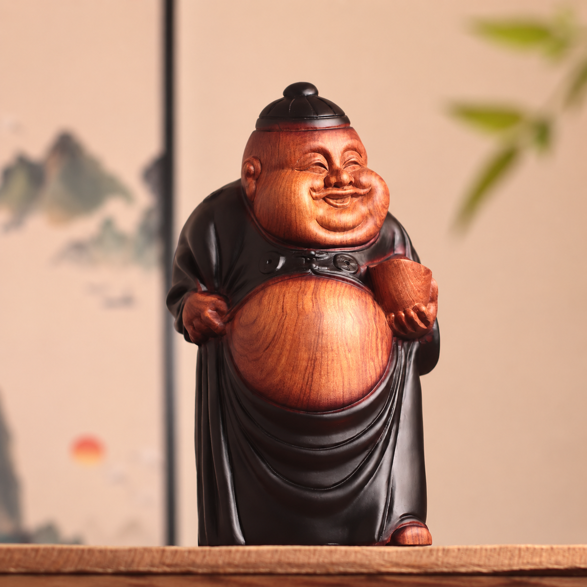 Smiling Prosperity Figure with Ingot in Solid Wood — Product photo 6