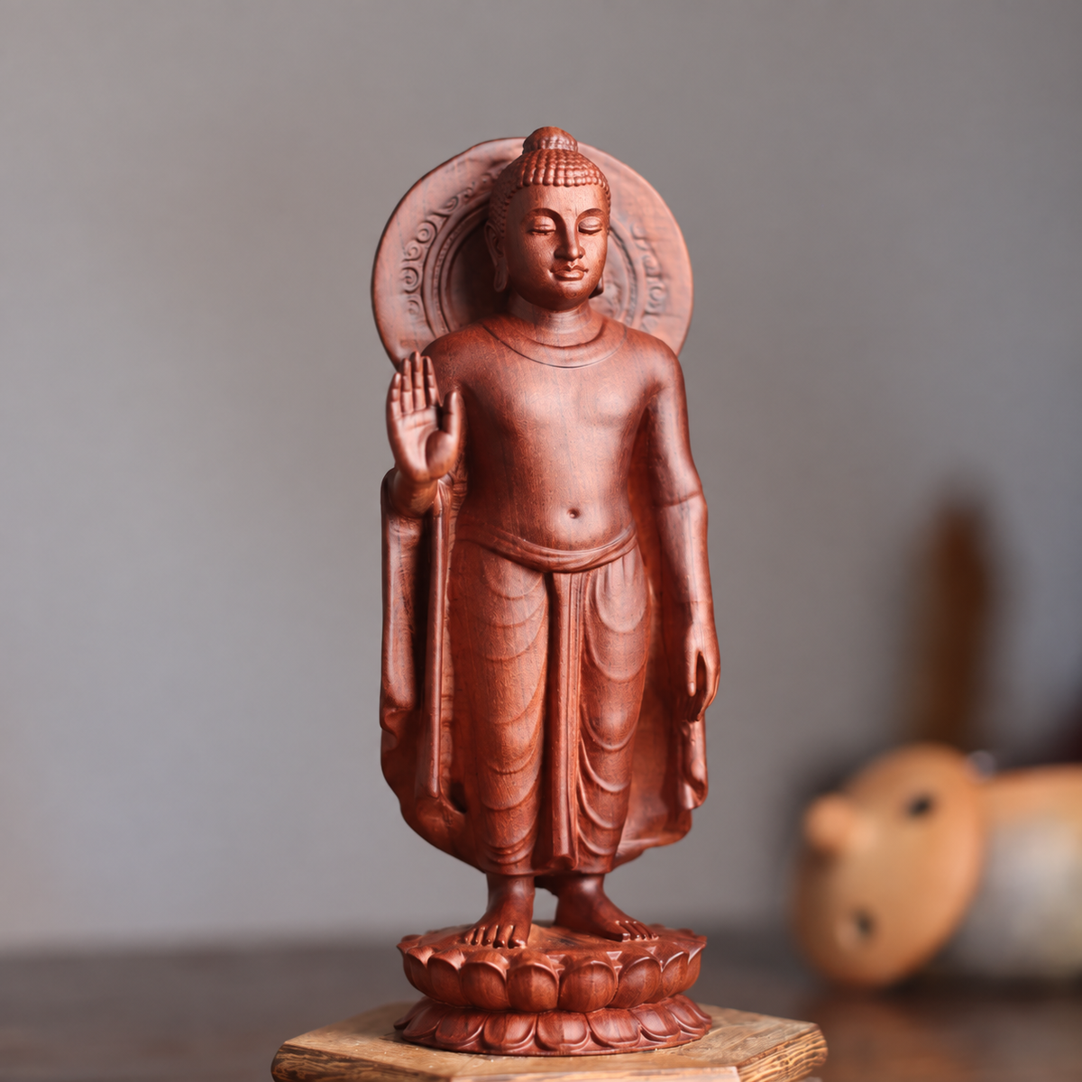 Standing Buddha with Halo in Padauk Wood — Product photo 1
