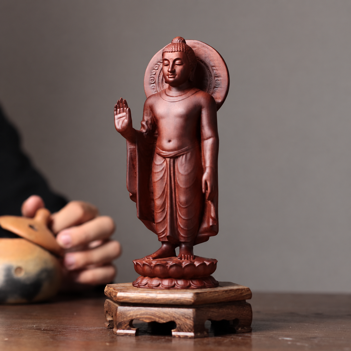 Standing Buddha with Halo in Padauk Wood — Product photo 2