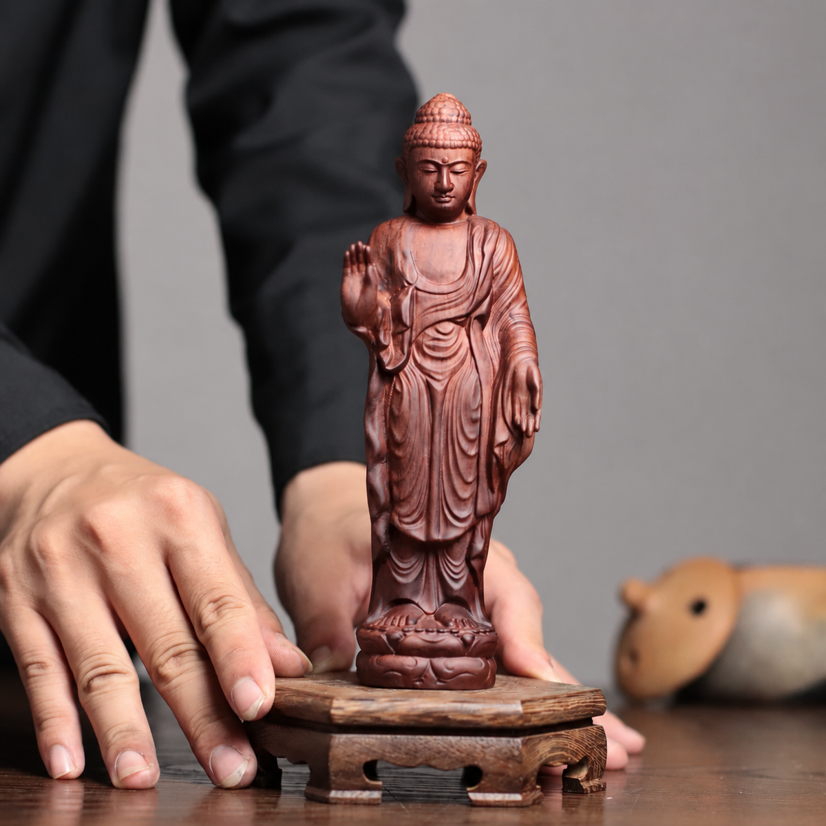Standing Abhaya Buddha Statue in Padauk Wood — Product photo 2