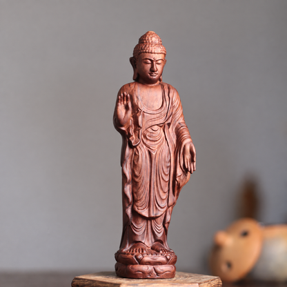 Standing Abhaya Buddha Statue in Padauk Wood — Product photo 5