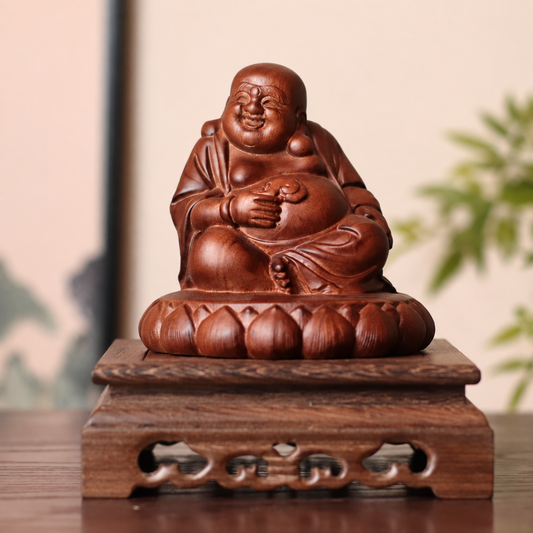 Seated Laughing Buddha with Fan in Aromatic Wood — Product photo 1