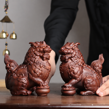 Qilin Guardian Statues in Padauk Wood — Product photo 4